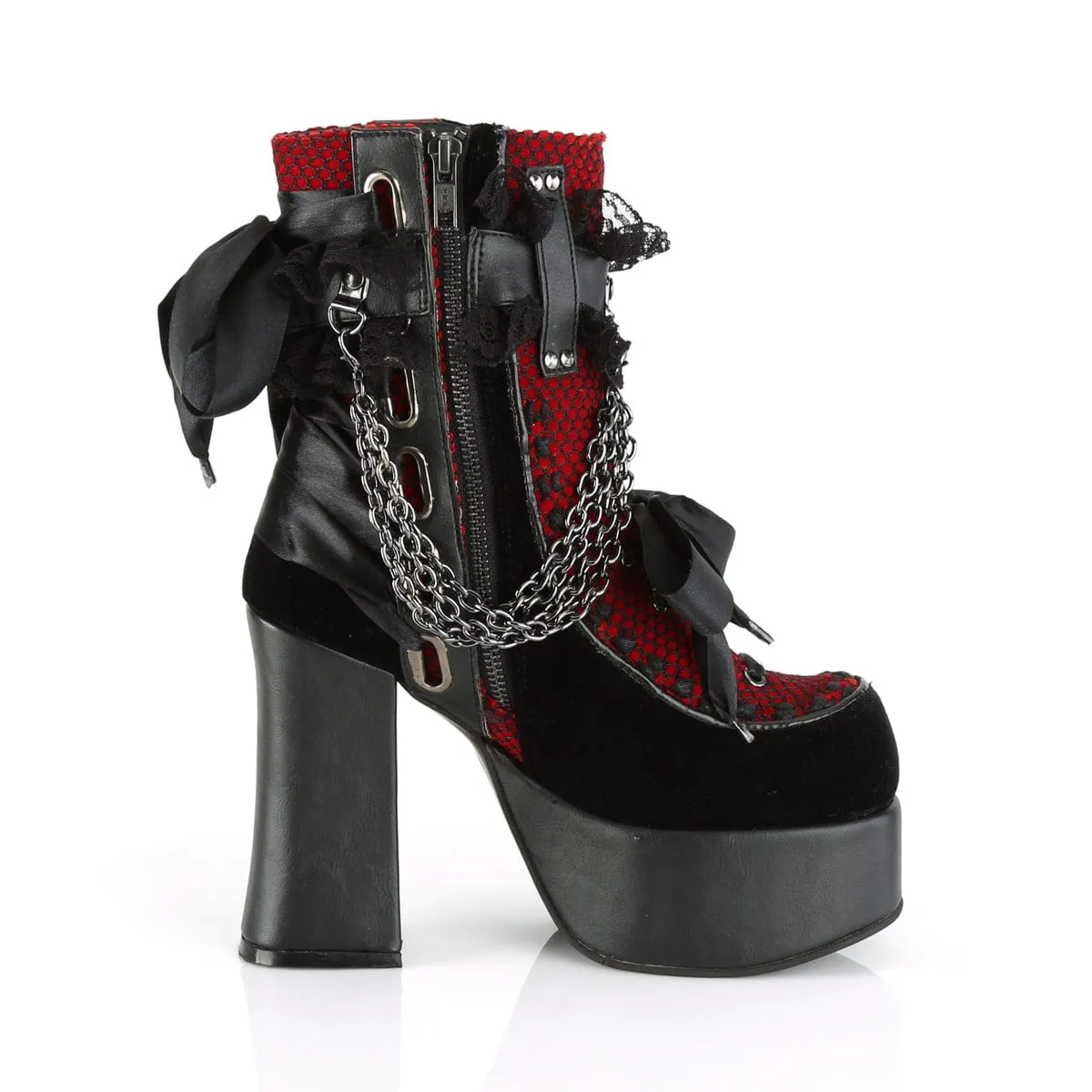 CHARADE-110 Black Vegan Leather -Red-Black Velvet-Fishnet Overlay Combat Look LaceUp