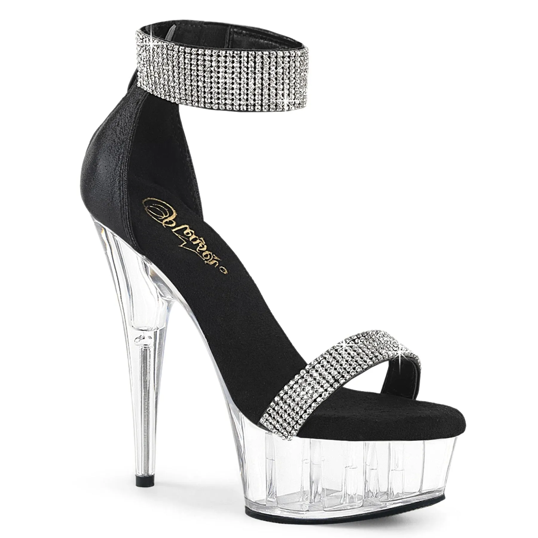 DELIGHT-641 Black Shimmery Fabric/Clear Cushioned heel