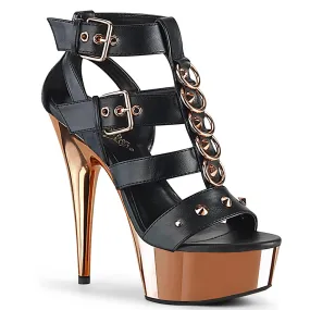 DELIGHT-658 Black Faux Leather/Rose Gold Chrome Strappy Heeled Sandals Stable Structure