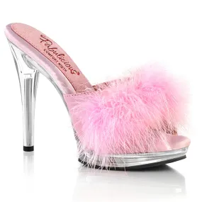 GLORY-501F-8 Baby Pink Faux Leather-Fur/Clear Floral Embellished Heels Pink Heels