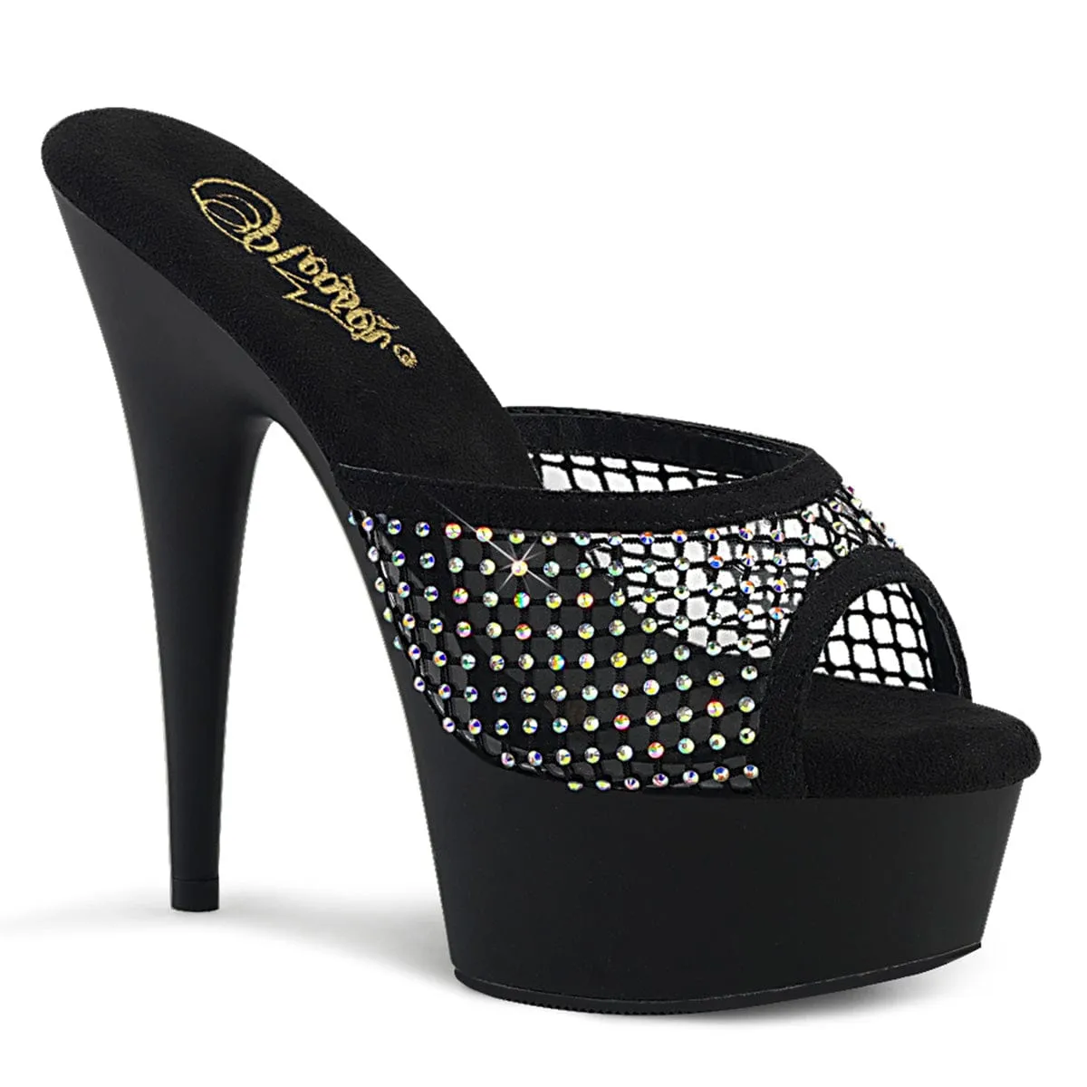 Metallic Stilettos DELIGHT-601-6RM Black Faux Suede-Rhinestones Mesh/Black Matte