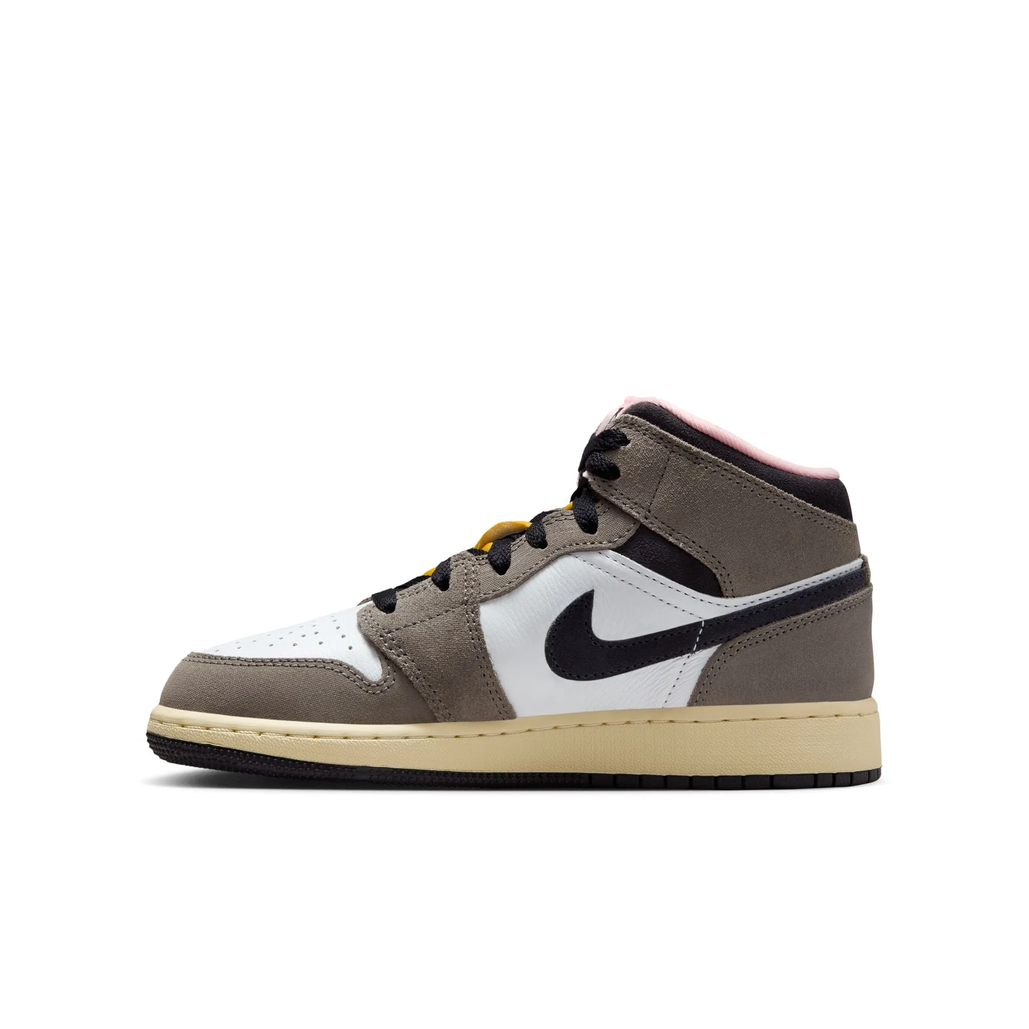 Travel Light Sail Vibe Air Jordan 1 Mid SEBig Kids' ShoesColor:White/oil Grey-cave Stone-dark Sulfur HQ2014-100