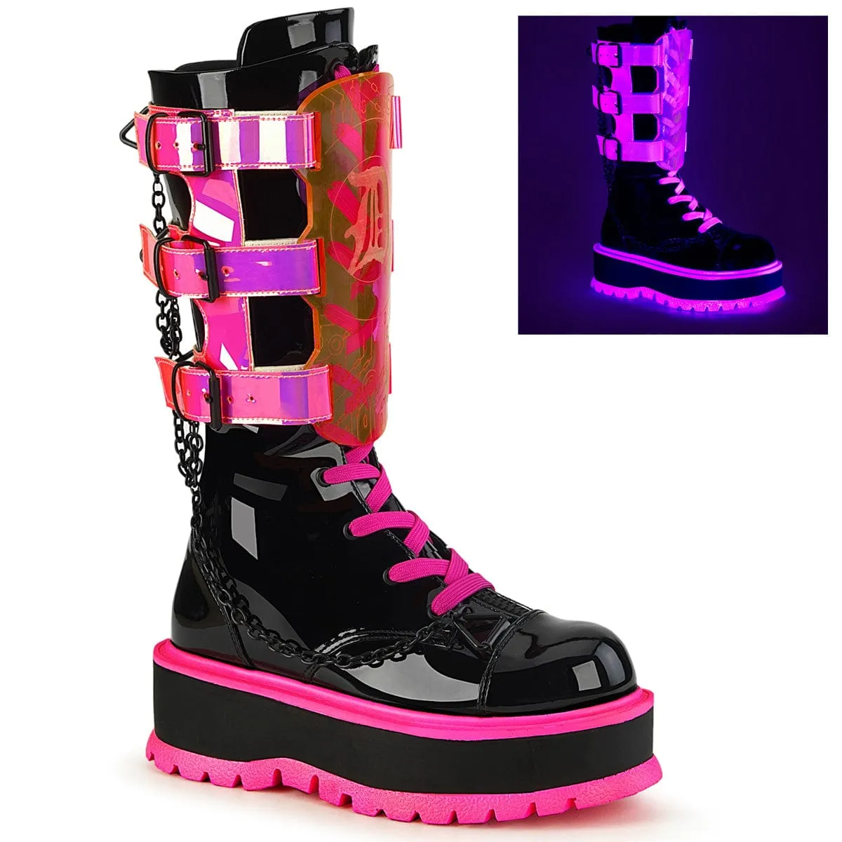 SLACKER-156 Black Patent-UV Neon Pink Crystal Glow Ice Guard