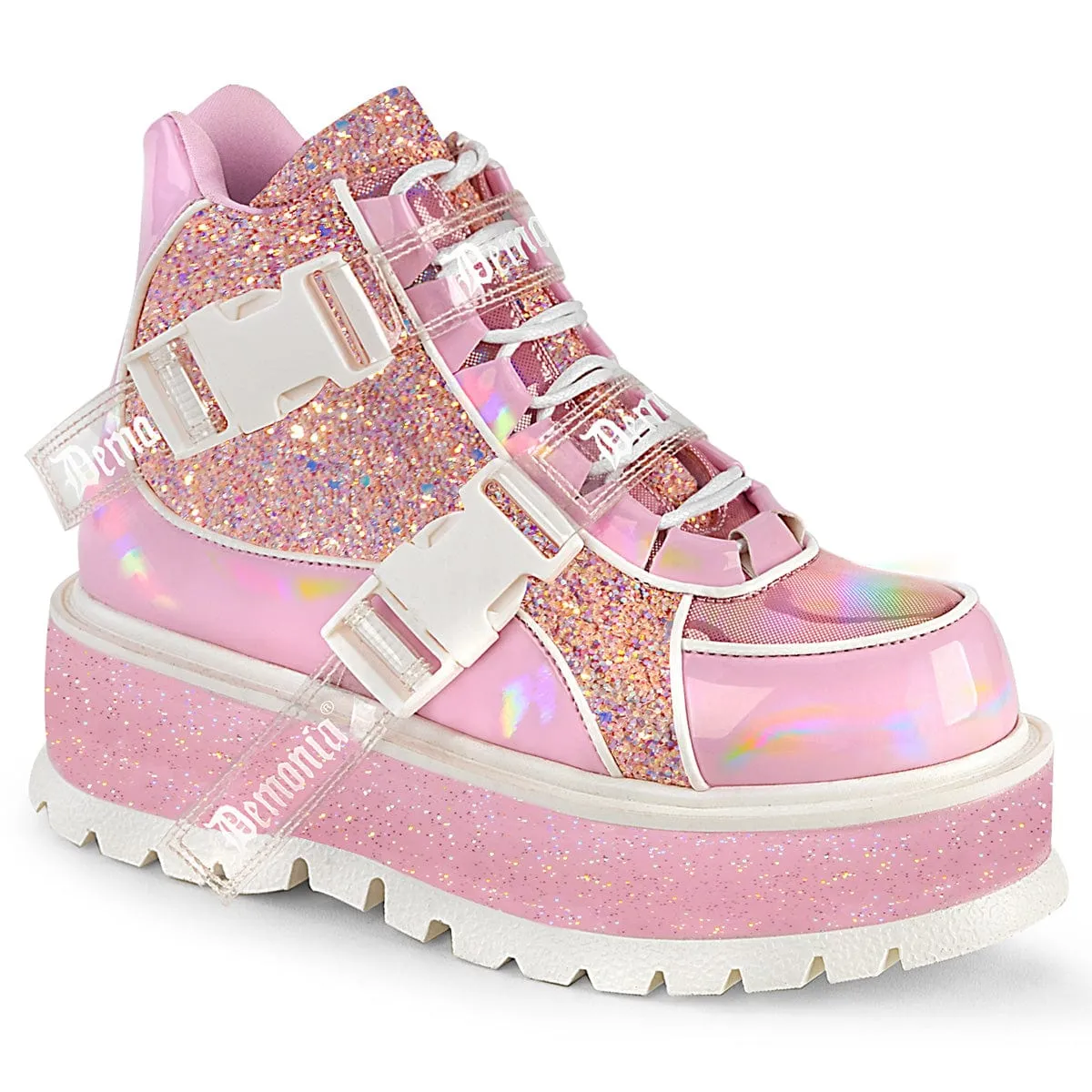 SLACKER-50 Baby Pink Hologram graphic Patent -Pink Multi Glitter PU