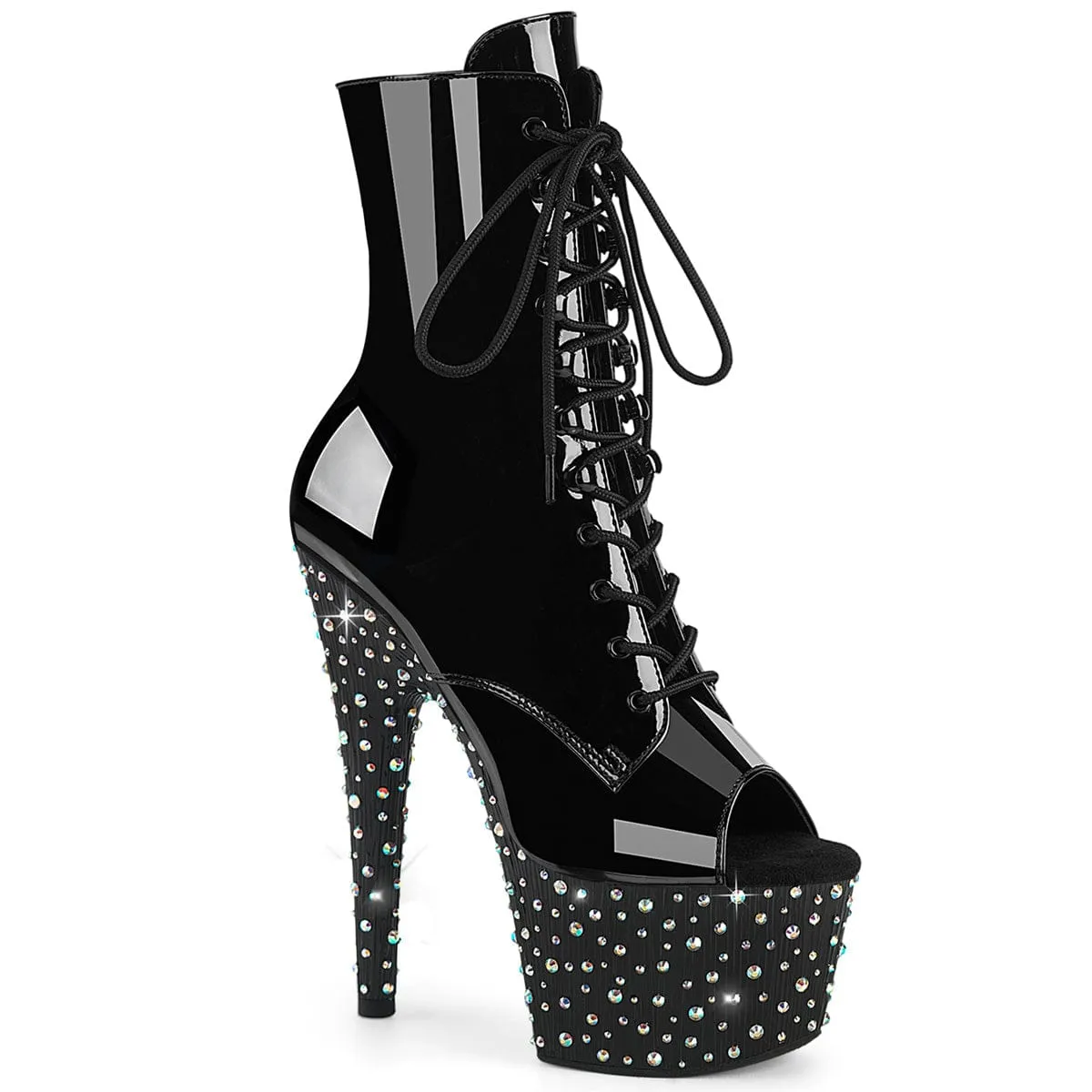 Height Plus Elegant Mood STARDANCE-1021 Platform Shoes Black Patent Black-Silver Multi Rhinestone