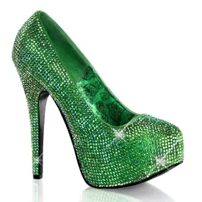 TEEZE-06R Green Satin-Iridescent Rhinestones Platform Booties