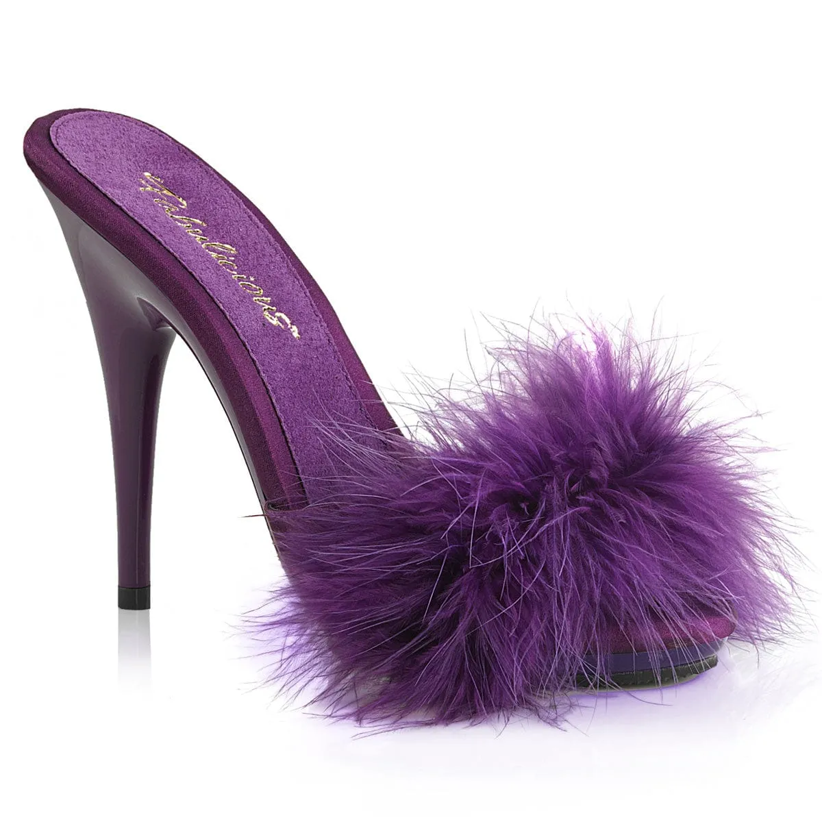 Open Back Heeled Sandals POISE-501F Purple Satin-Marabou Fur/Purple