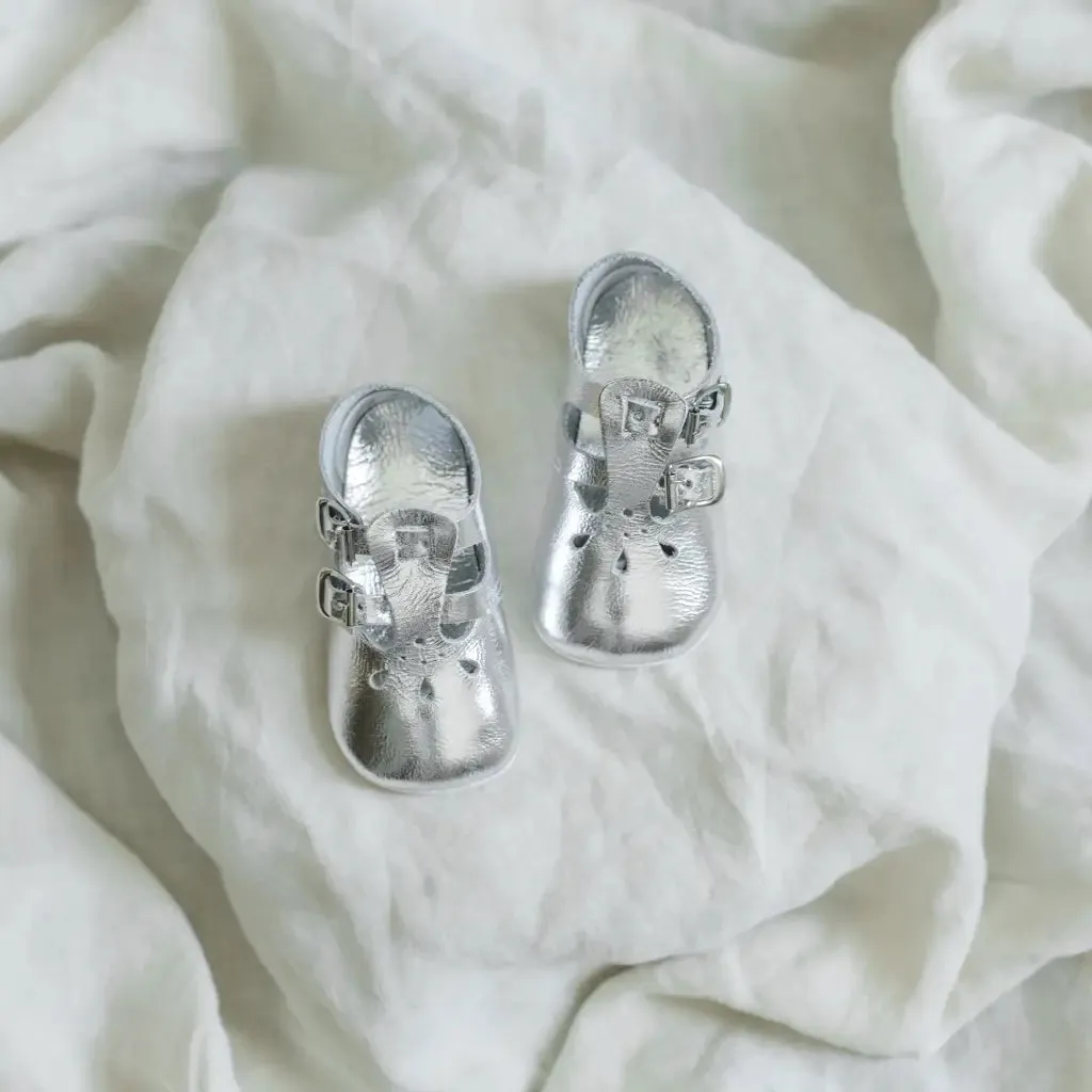 Leather kids' shoes Low - heeled kids' shoes Soft Soled Double T-Strap - Silver